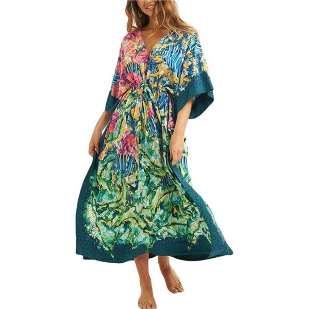 Women's Print Turkish Kaftan Beachwear Bikini Cover Up Maxi Dress